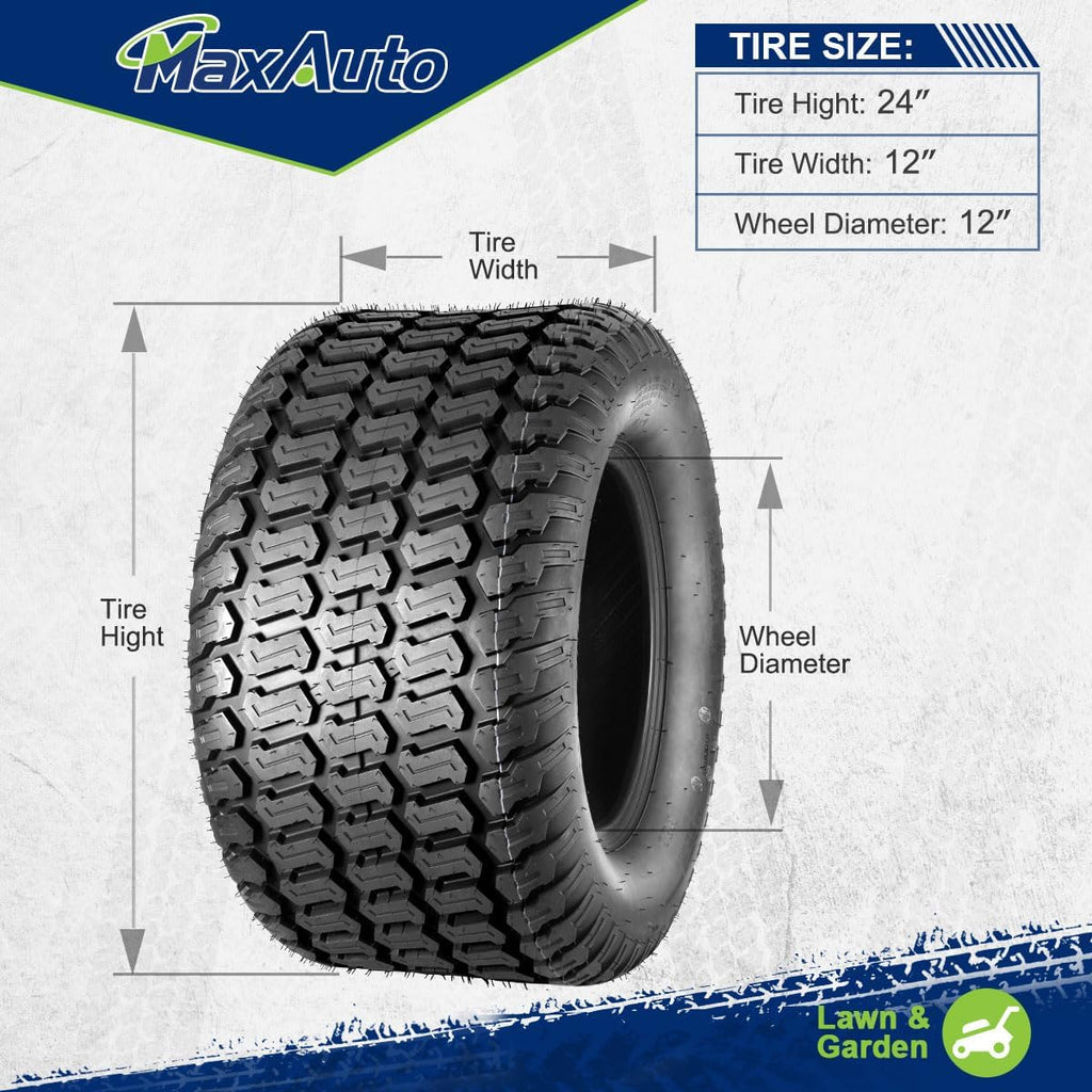 MaxAuto 24x12.00-12 Turf Lawn Mower Golf Cart Tractor Tires 4Ply P332 Tubeless, Set of 2