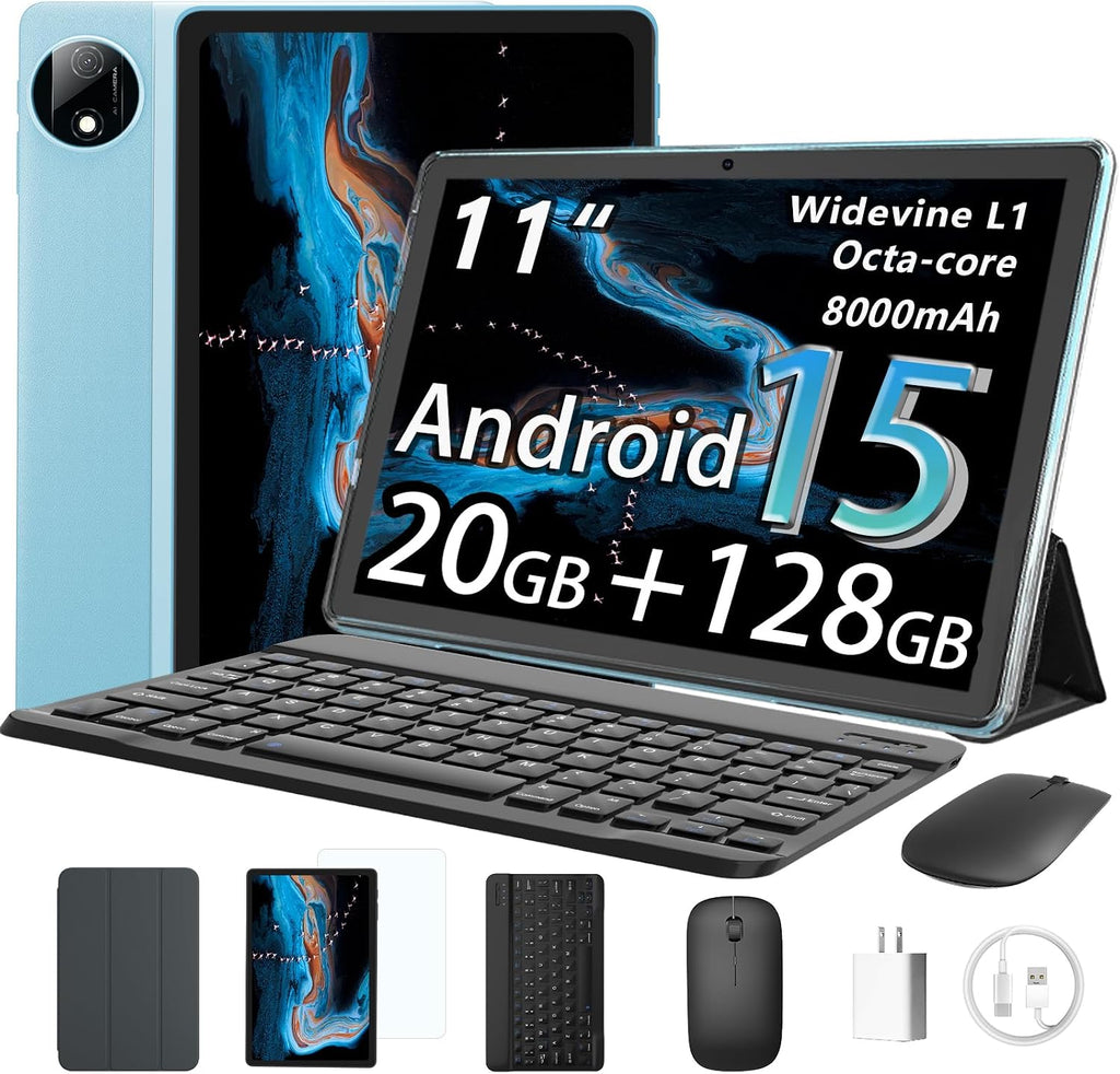 HUIHUANG Tablet with Keyboard | Android 15 | 20GBRAM+128 Storage(Expand to 1TB), 8000mAh Battery | Widevine L1, 11 in Tablet with 5G/2.4G WiFi | BT5.0 | GMS Certified | Keyboard Mouse | Case (Blue)