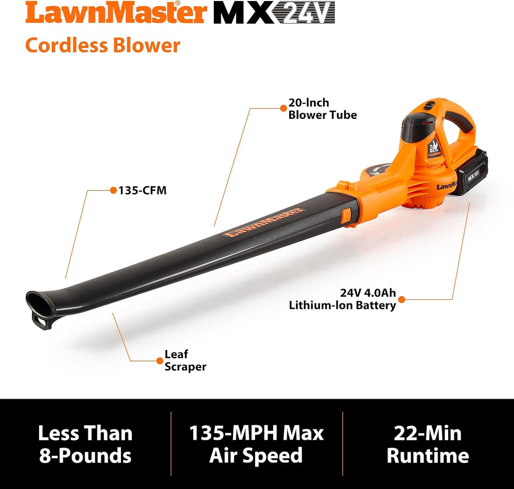 LawnMaster Cordless 24V Max 13-inch Lawn Mower and Cordless Leaf Blower Combo with 2x4.0Ah Batteries and Charger-24VMWBL