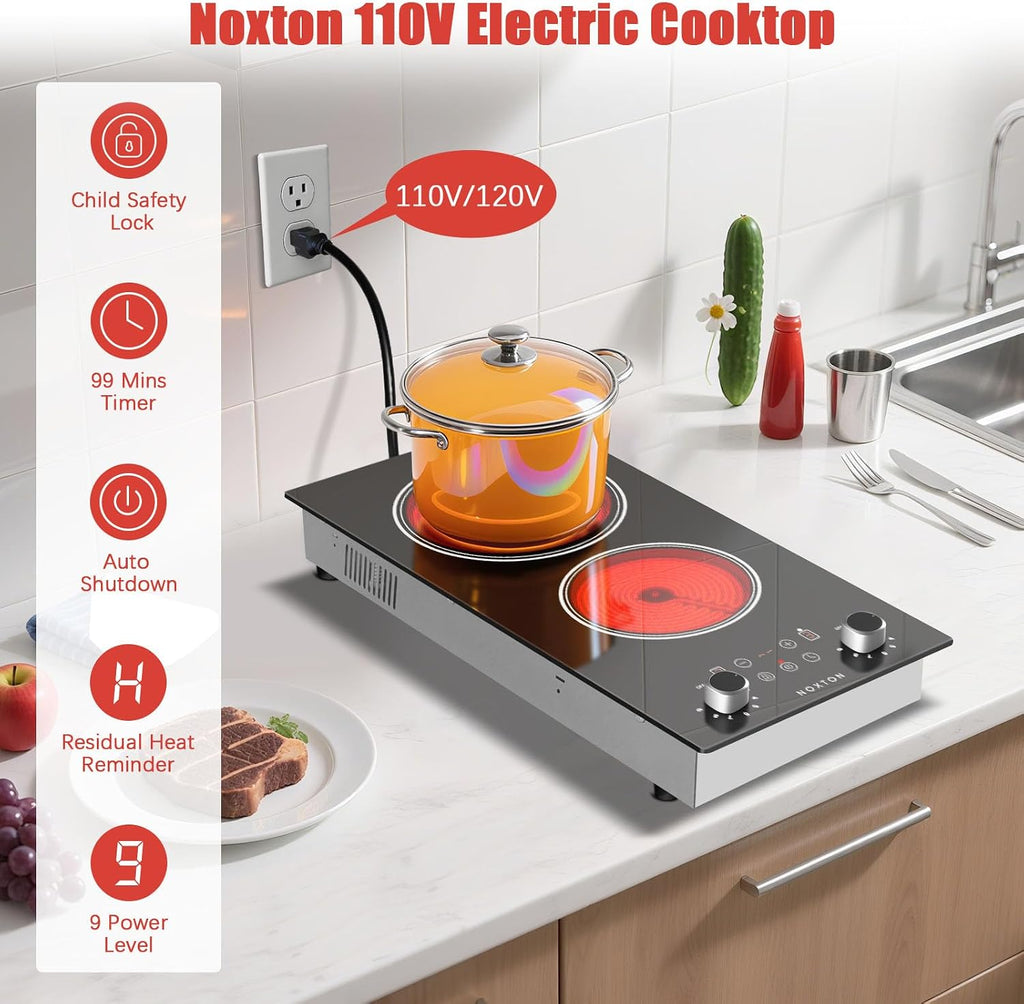 Noxton 2 Burners Electric Cooktop, 12 Inch 110V Radiant Ceramic Stove with Knob & Touch Control, 2000W Built-in or Countertop Electric Hot Plate, Timer, Child Lock, Residual Heat Indicator(SY)