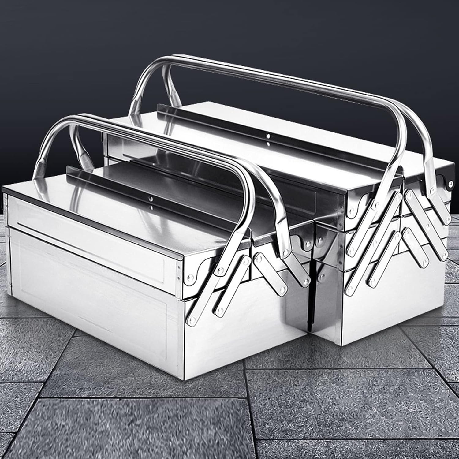 Metal Tool Box, 3-Layer 5-Tray Cantilever Tool Box Stainless Steel Portable Folding Auto Maintenance Storage Organizer Cantilever Toolbox for Garage Trunk(460 x 210 x 200mm)