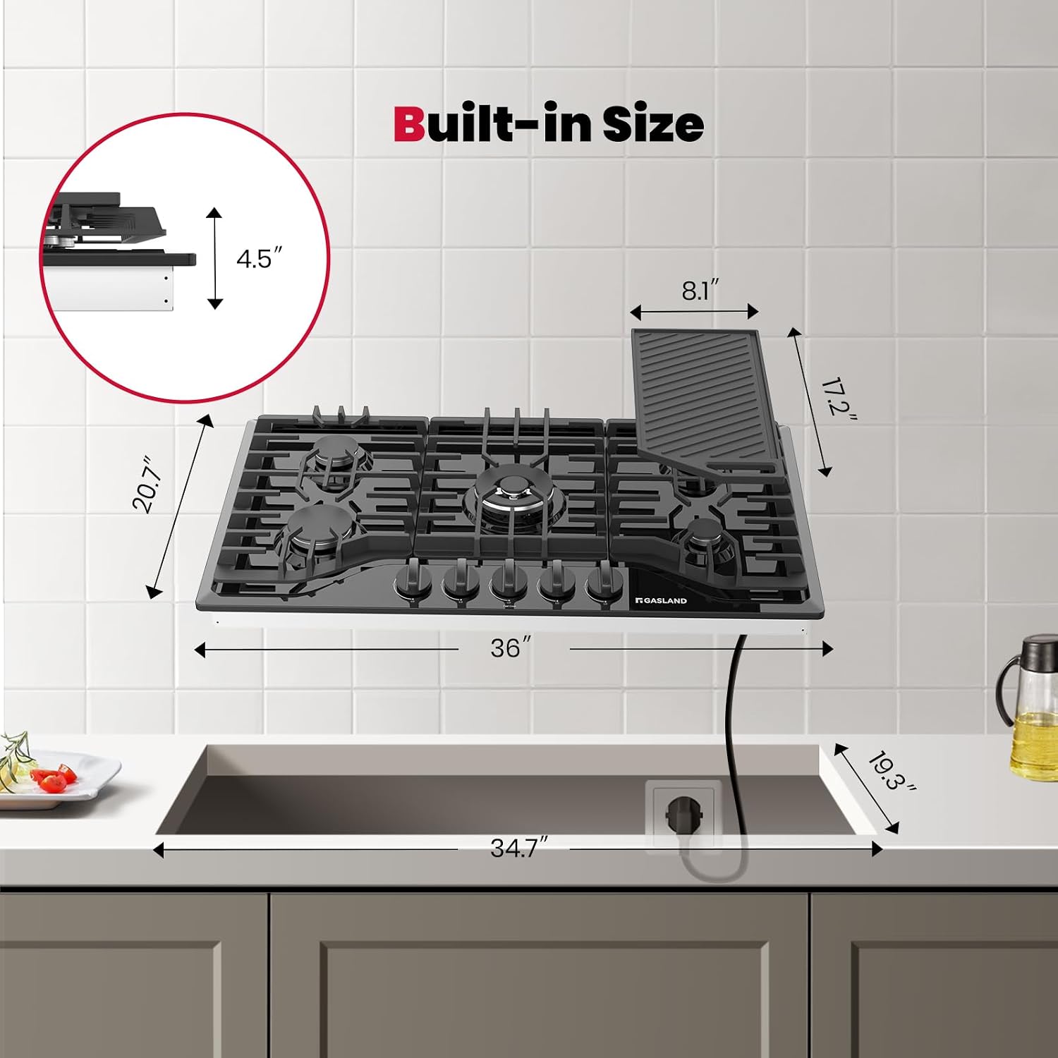 GASLAND Gas Cooktop 36 Inch with Griddle, PRO GH3365EF 5 Burner Propane Stovetop with Reversible Cast Iron Grill/Griddle, Gas Countertop Plug-in, NG/LPG Convertible Cooktops, Black