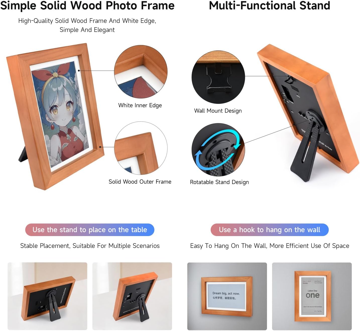 Waveshare ESP32-S3-PhotoPainter 7.3inch E6 Full Color E-Paper Display with Solid Wood Photo Frame, Ultra-Long Standby, 800 × 480 Resolution, No BAT