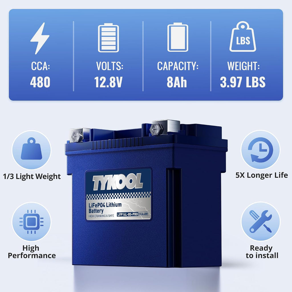 TYKOOL YTX14L-BS [- +] Lithium Battery 480 CCA for Harley Davidson Sportster 883 1200 Iron 48 XL XLH 2004-2023 Street 500 750 2014-2021 XR1200X BRP Seadoo Spark | Digital SOC Display IP67 Waterproof