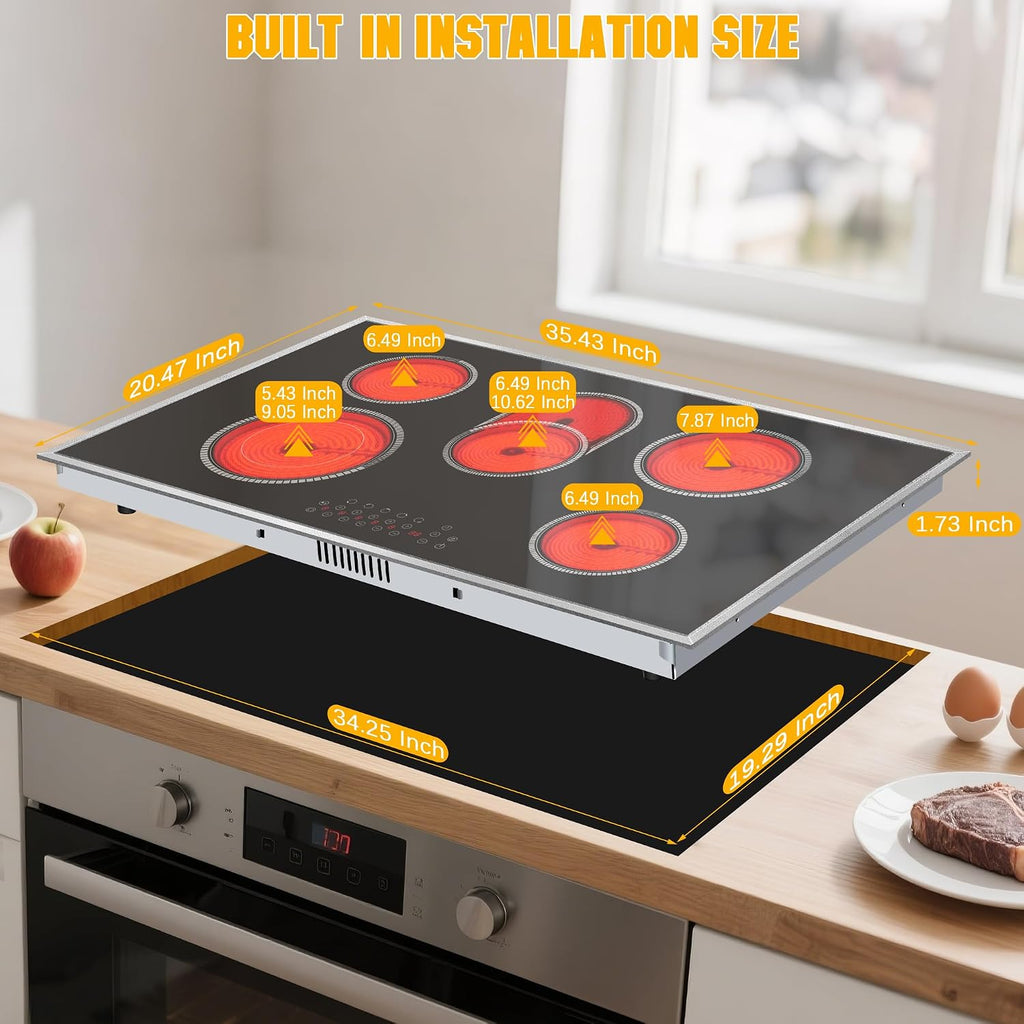 Electric Cooktop 36 Inch, 5 Burners Electric Stove Top Touch Control, 8400W Built-in Ceramic Stovetop 36' with Expandable Zone, Child Lock, Timer, Pause Control, 220-240v Hardwired (No Plug)
