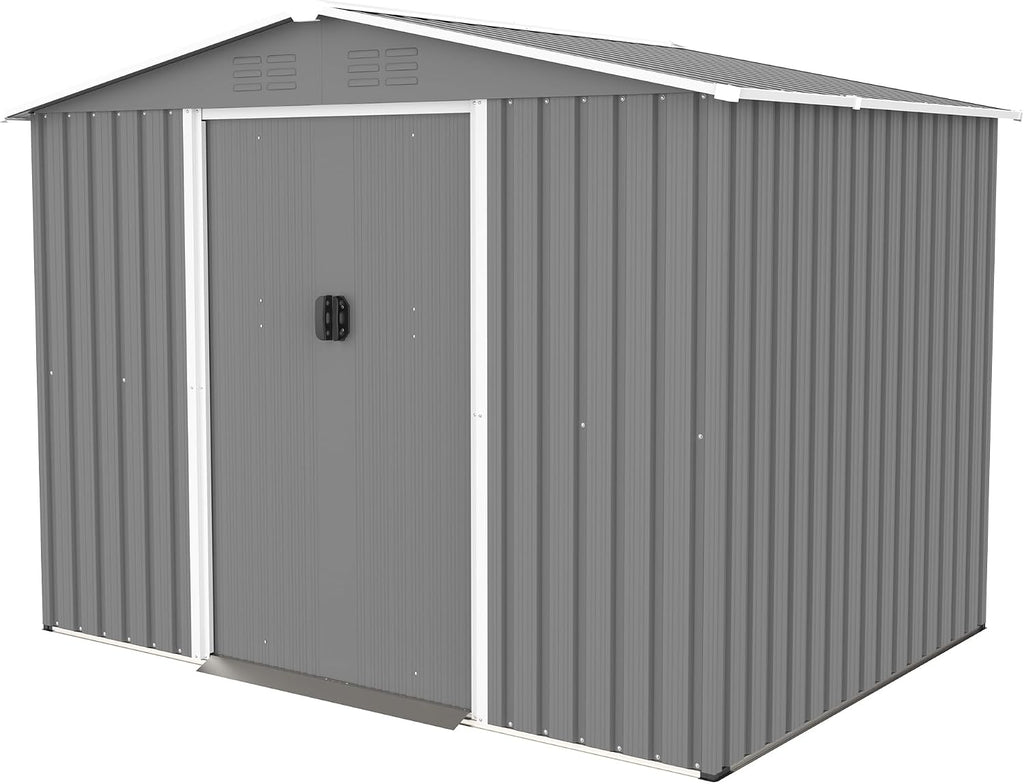 KEIKI Storage Shed 8x6 FT, Large Metal Tool Shed for Outdoor Storage, Galvanized Steel Garden Shed with Floor & Lockable Sliding Doors for Patio, Backyard, Lawn, Grey