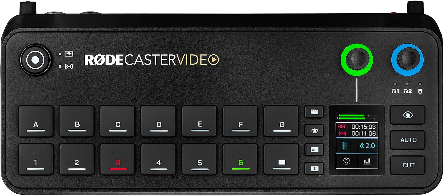 RODECaster Video All-in-One Production Console + 2x Professional Studio Headphones + 2x Podcast Microphone + 64GB Micro SD Memory Card + 4x USB-C + 4x Video Cables + More (Bundle)
