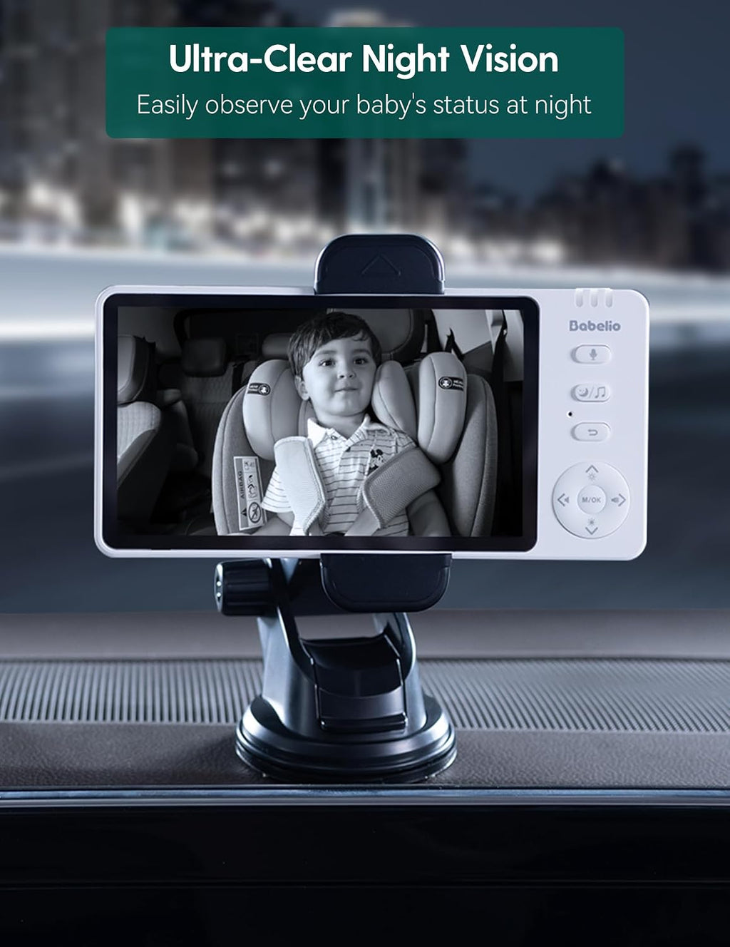BABELIO Wireless Baby Car Camera with Night Vision, 5' 1080P HD Clear View, 150° Wide-Angle Lens, 360° Rotatable, Easy Install, Black Monitor