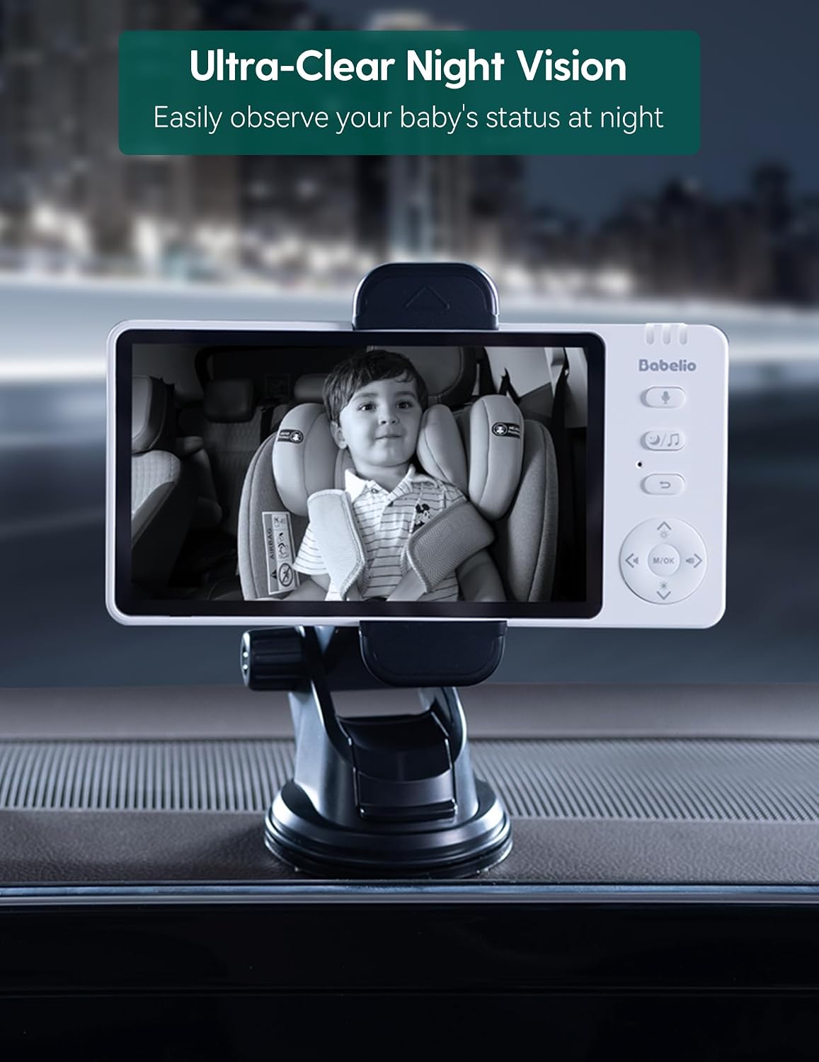 BABELIO Wireless Baby Car Camera with Night Vision, 5' 1080P HD Clear View, 150° Wide-Angle Lens, 360° Rotatable, Easy Install, Black Monitor