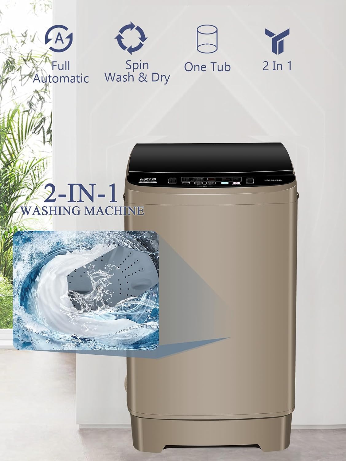 Krib Bling 17.7 lbs Full-Automatic Washing Machine with Drain Pump, Compact Washer, 10 Wash Program & 8 Water Level, Ideal for Apartment, Dorm, RV Gold