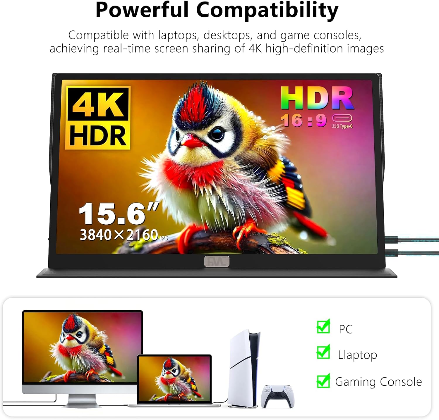 Portable Monitor,4K Portable Touchscreen Monitor,15.6' High Resolution Monitor,IPS External,Touchscreen HDR HDMI USB-C Travel Monitor for Laptop MacBook Pc Surface PS5 Xbox (15.6')