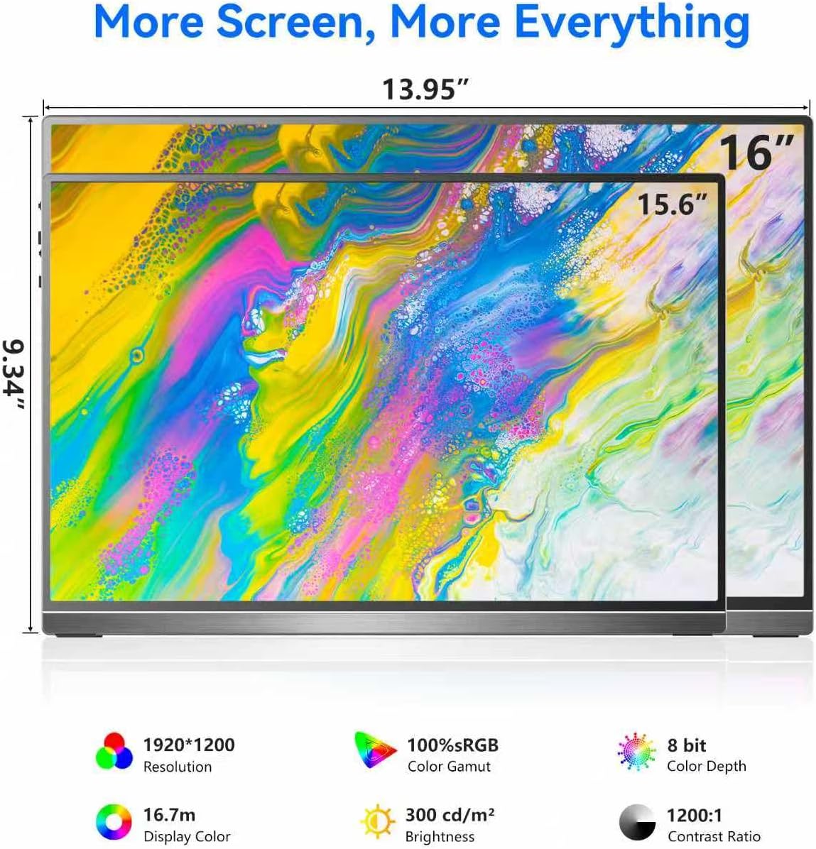 Veout 16' 1920×1200P IPS Portable Monitor for Laptop, Side/Vertical Monitor with Stand, USB-C & Mini HDMI, Second Screen for PC, MacBook, Phone & iPad, 4 Colors for Travel & Office