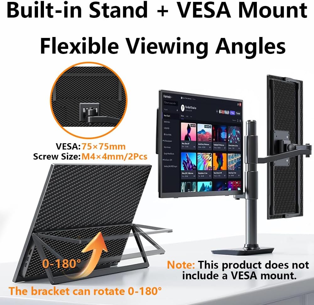 16' 4K Portable Monitor UHD 3840×2400 16:10 400 Nits Gaming Display,IPS HDR External Second Screen,Vertical Monitor for Laptop/Mac/PC/PS5/Xbox with Speakers Stand,VESA Compatible