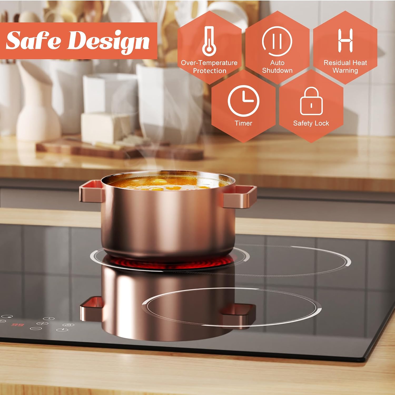 4 Burner Electric Cooktop, Built-in 30 Inch Electric Stove Top 6600W, Ceramic Stove Top with Expanded Zone, Touch Control, Child Lock, Timer, Pause Control, 220V - 240V Hard Wire, No Plug