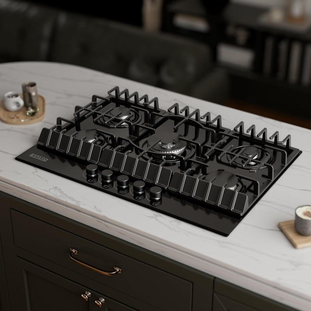 Empava 30' Gas Stove Top Cooktop 5 Italy Sabaf Sealed Burners NG/LPG Convertible in Black Tempered Glass