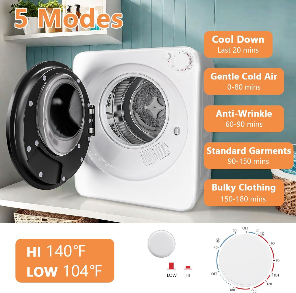DOGHLY 1.6 cu.ft Portable Clothes Dryer, 800W Compact Machine with Stainless Steel Tub, 5 Modes Auto Stop & Easy Control, Ideal for Laundry, Apartments, Dorms, RVs, White