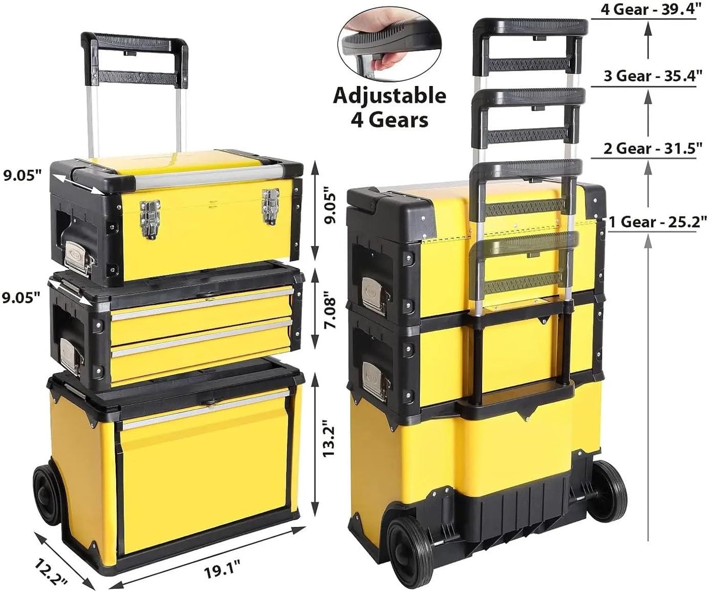 Multifunctional Stackable Portable Metal Tool Box Organizer with Wheels and 2 Drawers, Rolling Upright Trolley Tool Chest for Garage(Yellow)