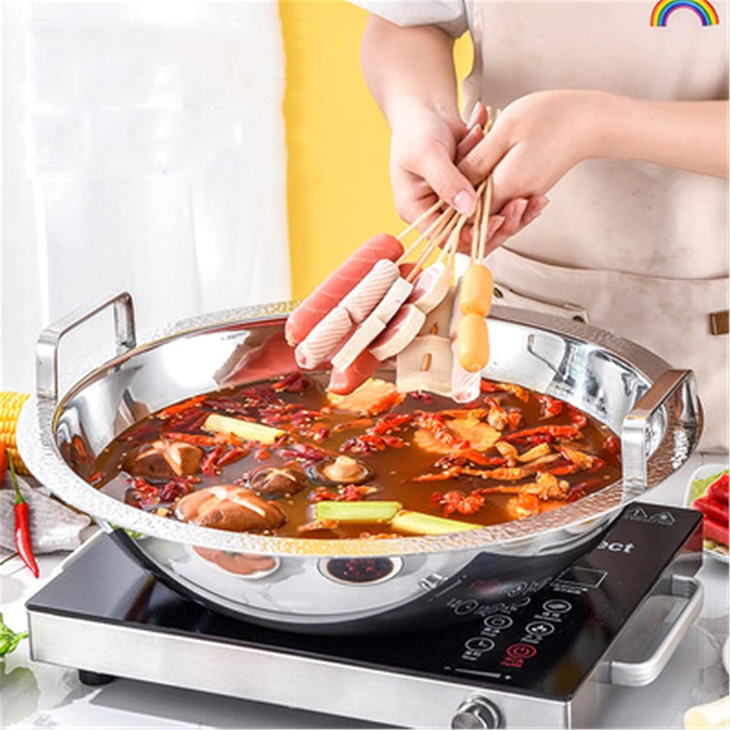 Hot Pot Cooker Hot Pot Stainless Steel Hot Saucepan Cooker Shabu Shabu Hot Pots For Induction Cooktop Gas Stove Dinner Together (Color : Silver Size : 32cm) (Silver 26cm)