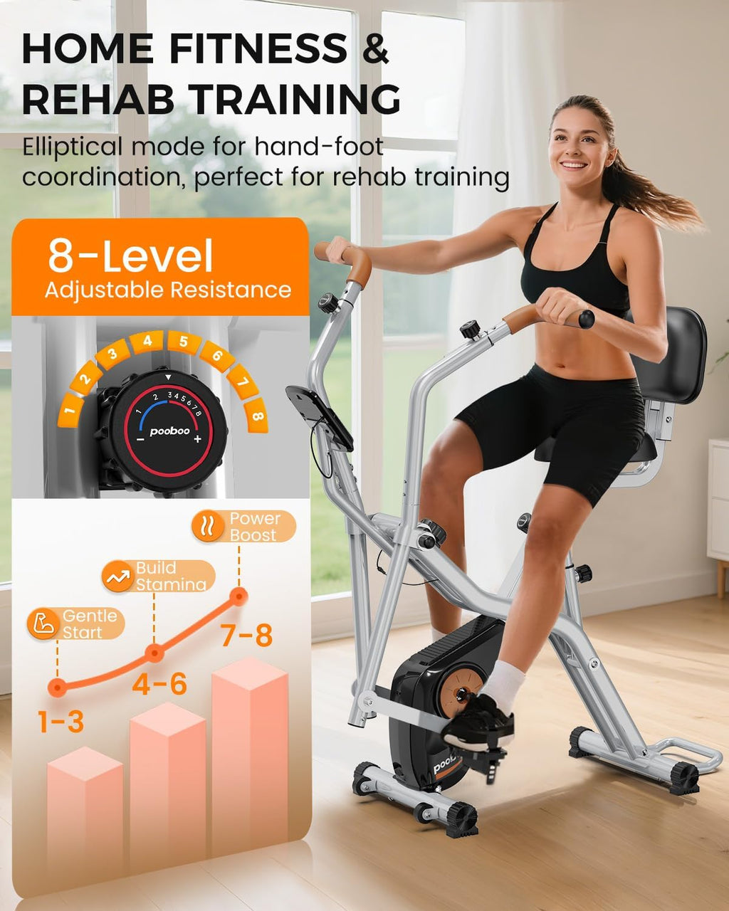 pooboo Folding Exercise Bike, Foldable Upright Stationary Bike, Indoor Cycling Magnetic X-Bike with 8-Level Adjustable Resistance, 6.6 LBS Flywheel, 300LB Capacity, Back Support Cushion for Home Gym