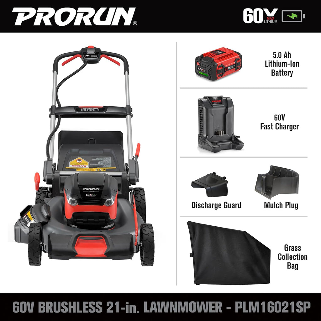 PRORUN 60V 21-in. Steel Deck Brushless Cordless Self-Propelled Lawn Mower with 5.0 Ah Battery and Charger PLM16021SP