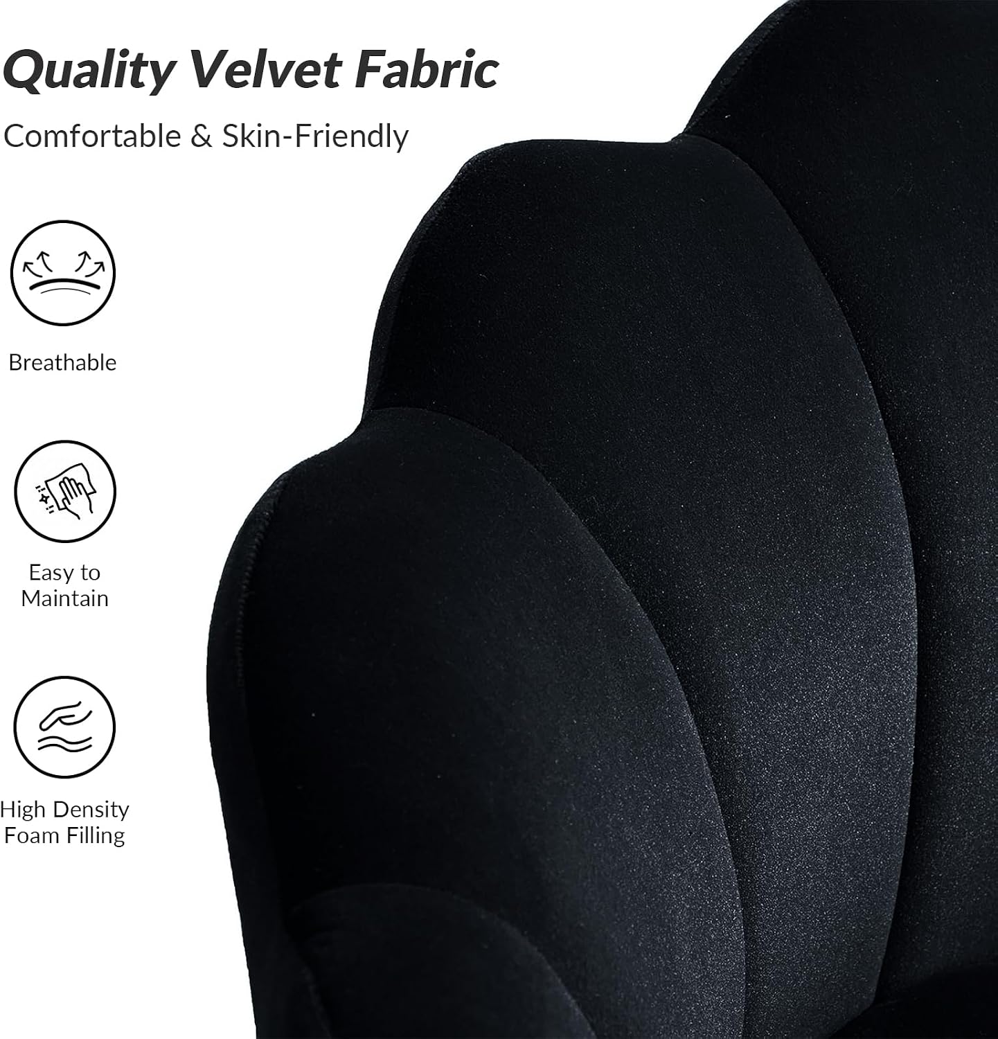 HULALA HOME Modern Velvet Accent Chairs Set of 2 with Shell Shaped Back, Cute Living Room Bedroom Armchairs with Gold Legs, Comfy Upholstered Vanity Chairs for Makeup Room, Black