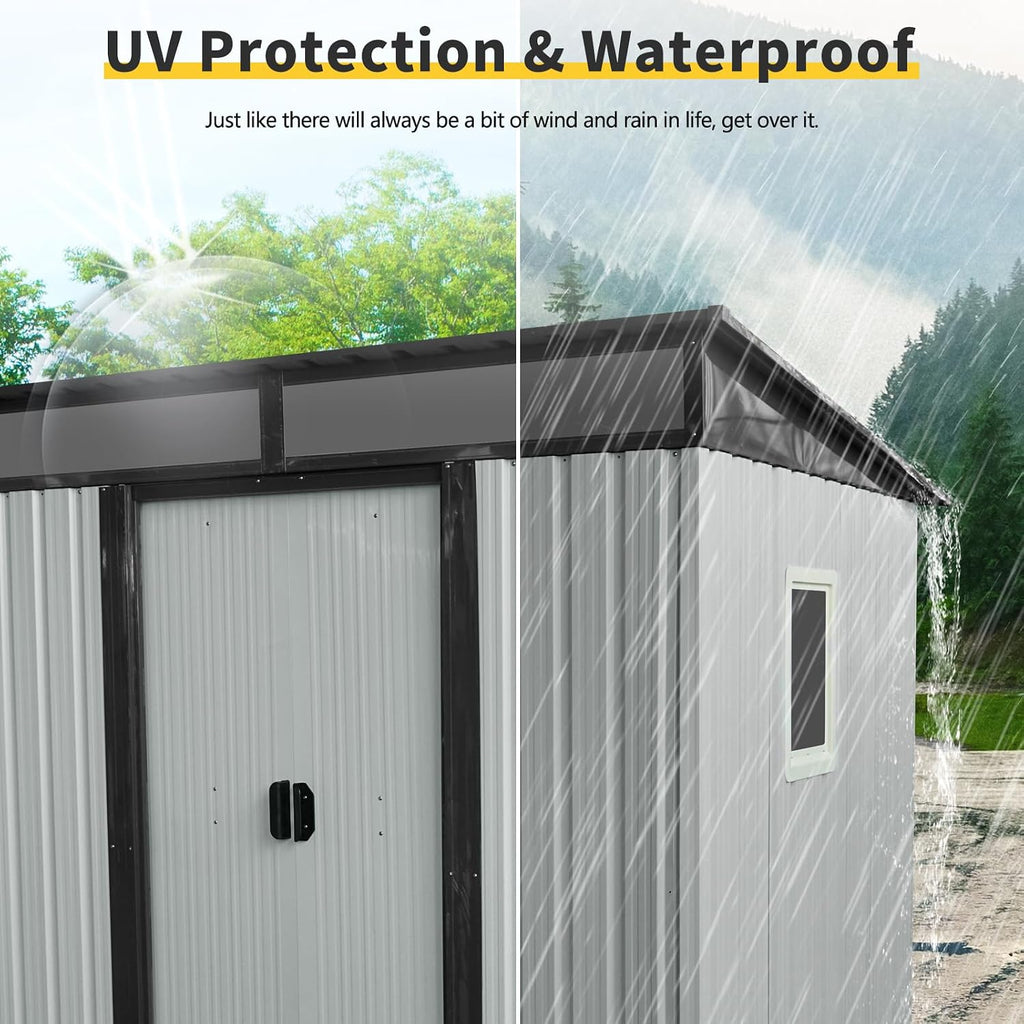 6X5 FT Outdoor Storage Shed, Waterproof Metal Garden Sheds with Lockable Door, Steel Tool Storage Buildings Shed & Outdoor Storage House for Garden, Backyard, Patio, Lawn, Trash Cans(White + Black)