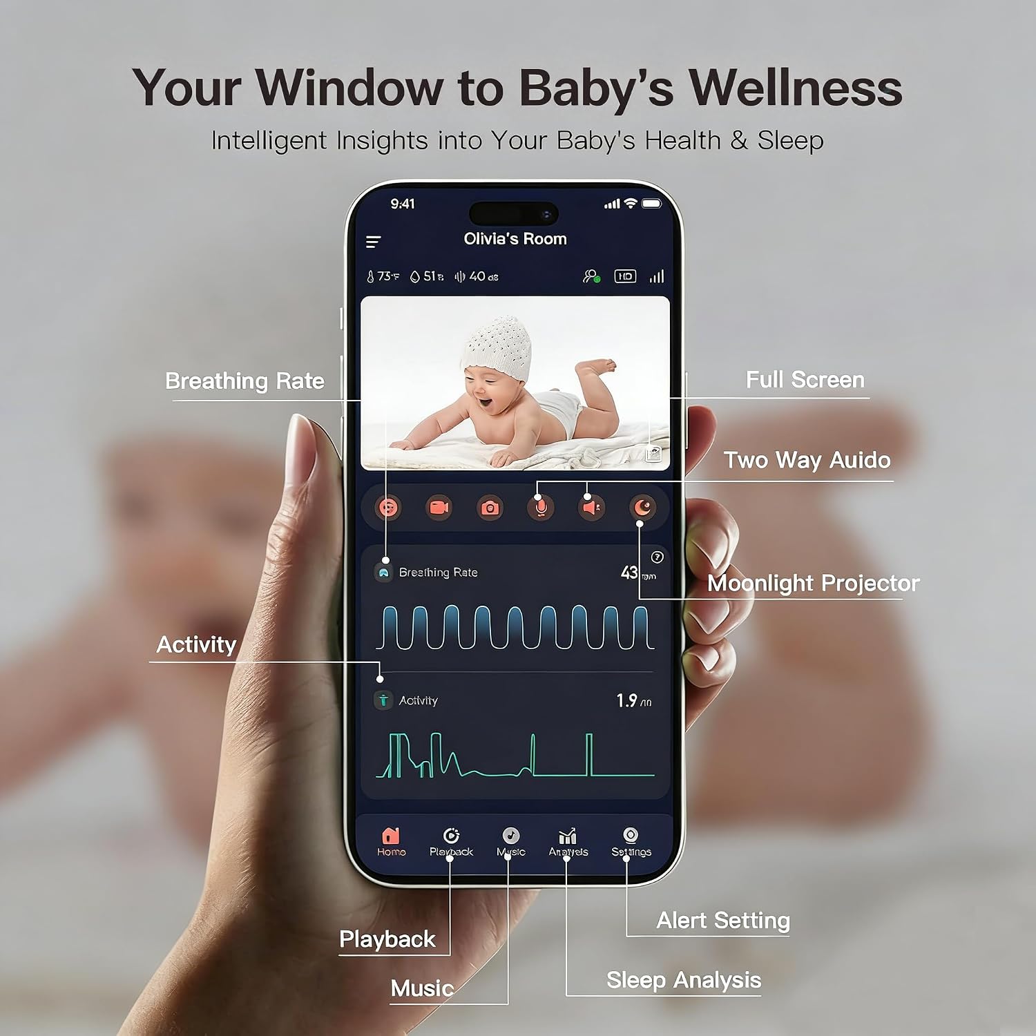 iBaby i20 Wellness Baby Monitor: Track Live Breathing, Heart Rate, Sleep Patter -1080P, Night Vision, 2-Way Audio, Cry & Safety Alerts, No Subscription, Wall Mount