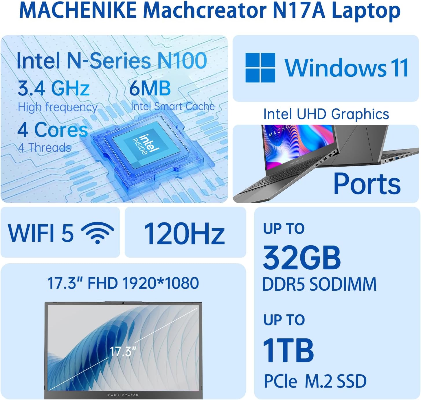 Machenike Machcreator N17A 17.3' Laptop, 17.3' FHD 120Hz Display, 4-Cores Intel Processor, 8GB DDR5 RAM, 256GB PCIe SSD, HDMI, Webcam, Backlit Keyboard, SD Card Reader, Wi-Fi, Windows 11 Home, Grey