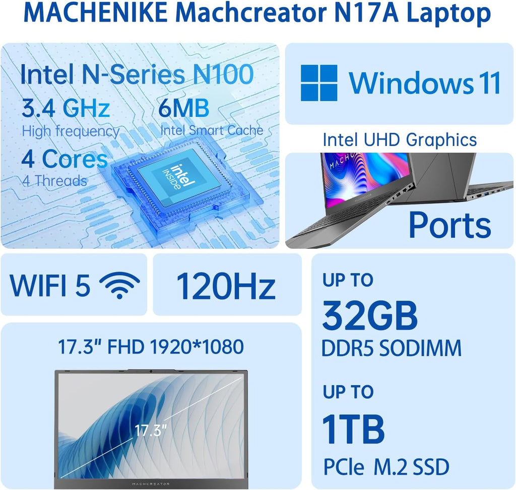 Machenike Machcreator N17A 17.3' Laptop, 17.3' FHD 120Hz Display, 4-Cores Intel Processor, 32GB DDR5 RAM, 1TB PCIe SSD, HDMI, Webcam, Backlit Keyboard, SD Card Reader, Wi-Fi, Windows 11 Home, Grey