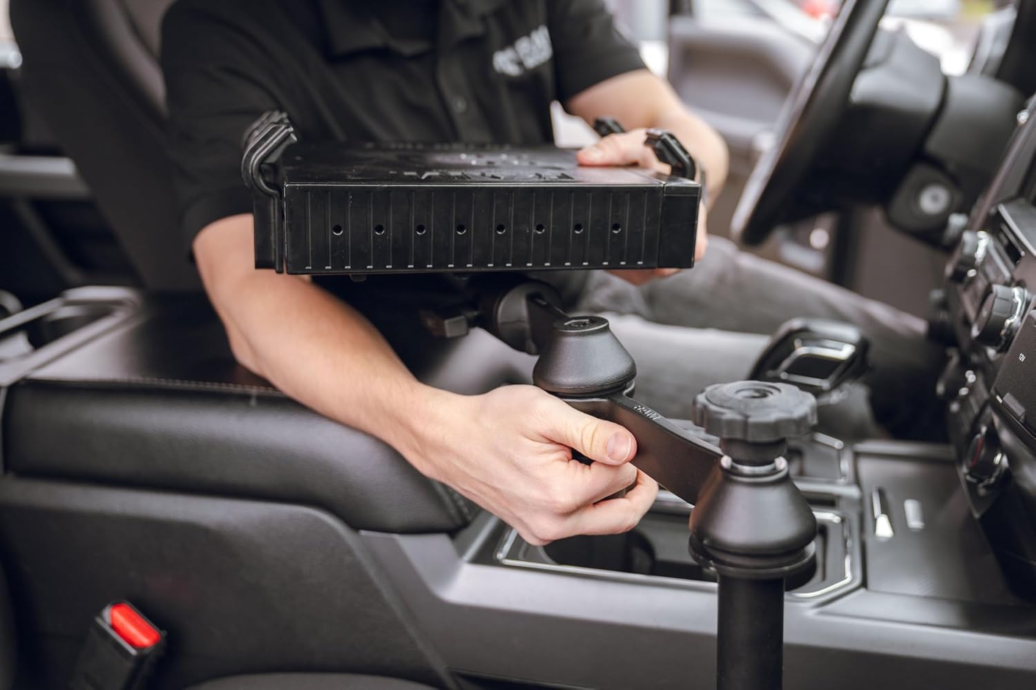 RAM MOUNTS No-Drill Laptop Mount for 2015–2026 Ford F-150 & 2017–2026 F-250–F-550, Seat Bolt Vehicle Mount with Dual Swing Arm, Adjustable Tele-Pole and Tough-Tray for 10'-16' Laptops RAM-VB-195-SW1
