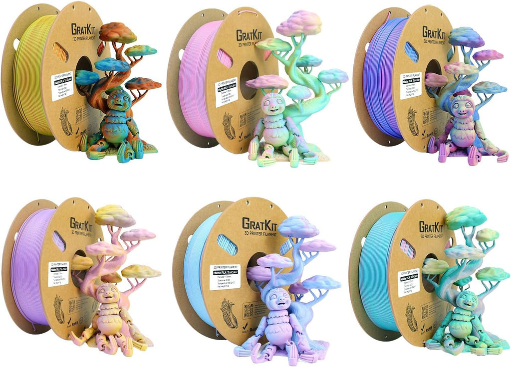 Gratkit Matte Tri-Color PLA Filament,Coextrusion Filament 1.75mm, +/-0.03mm, 6 * 1KG/Roll, Matte PLA 6KG Bundle