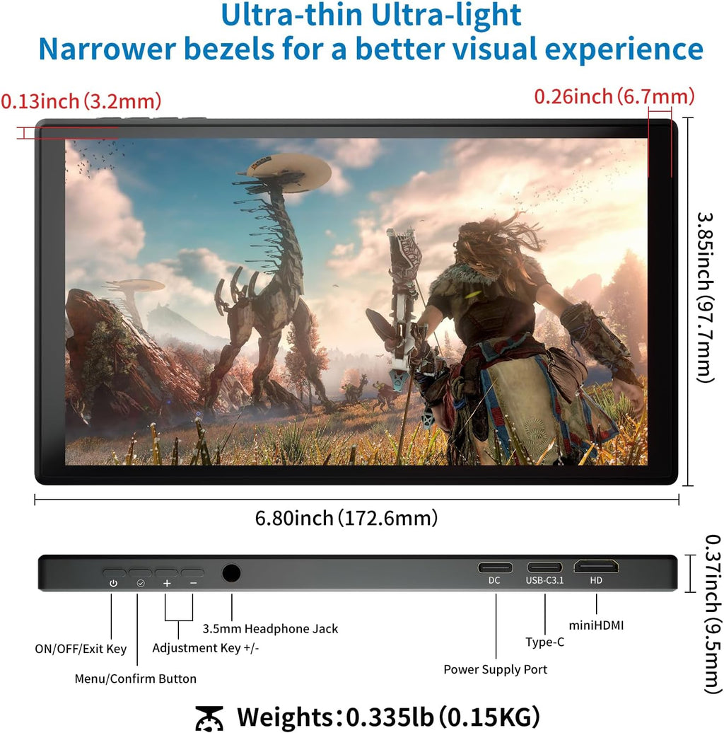 7 inch Portable Touchscreen, Mini 1080P 60Hz USB C HDMI Monitor, Ultra Thin Lightweight IPS LCD Display Second Screen for Gaming, Working, PS5, Xbox, Laptop, PC