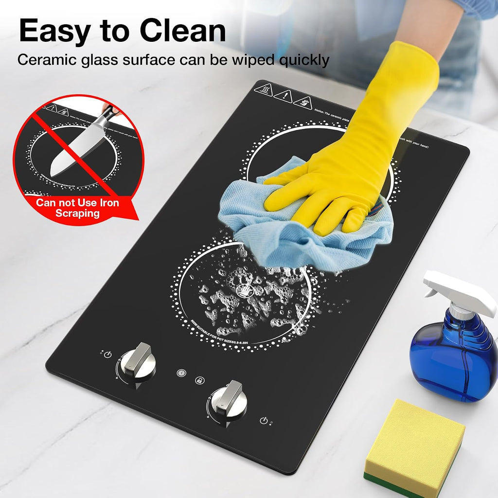 2 Burner Electric Cooktop - 12 Inch Electric Stove Top with Plug, 2100W Countertop Burners & Built-In Stove Top, 9 Levels of Power, Knob Control, Timer & Kid Safety Lock, Residual Heat Warning