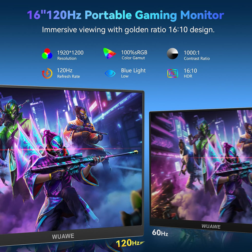 WUAWE 120Hz Portable Monitor, 100% sRGB 16 Inch Portable Gaming Monitor with Built-in Stand, HDR and Freensync, External USB C Monitor for Laptop, PC, Phone, Switch and PS5 (Silver)
