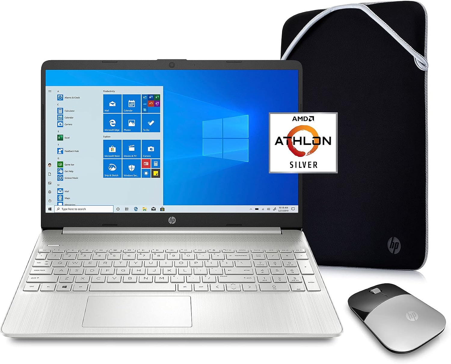 2021 HP 15.6' HD Laptop Computer, AMD Athlon Silver N3050U, 4GB RAM, 128GB SSD, HDMI, USB-C, WiFi, Webcam, Windows 10 S with Office 365 for 1 Year, cm. Accessories