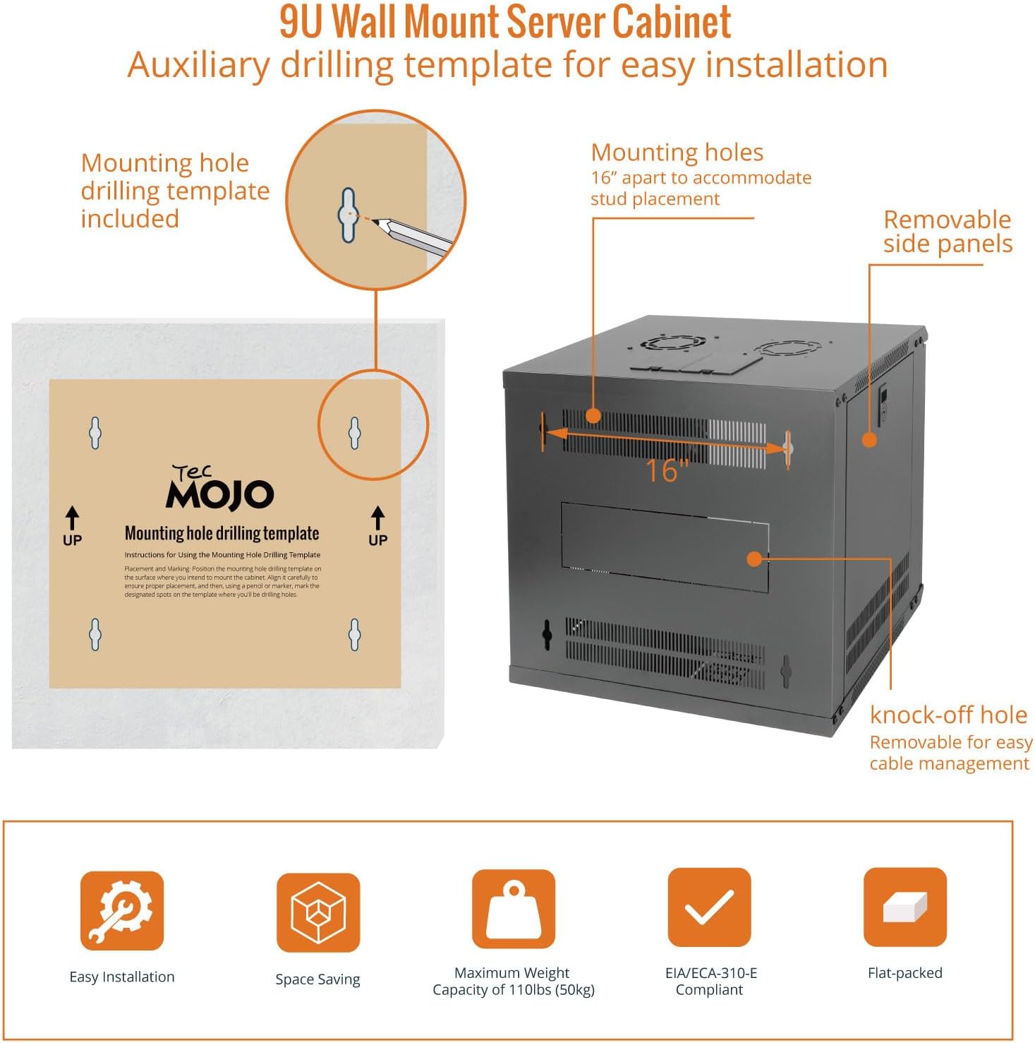 Tecmojo 9U Wall Mount Server Cabinet IT Network Rack Enclosure Lockable Door and Side Panels Black,Cooling Fan, Glass Door, 17.7inch Depth,for 19' IT Equipment, A/V Devices