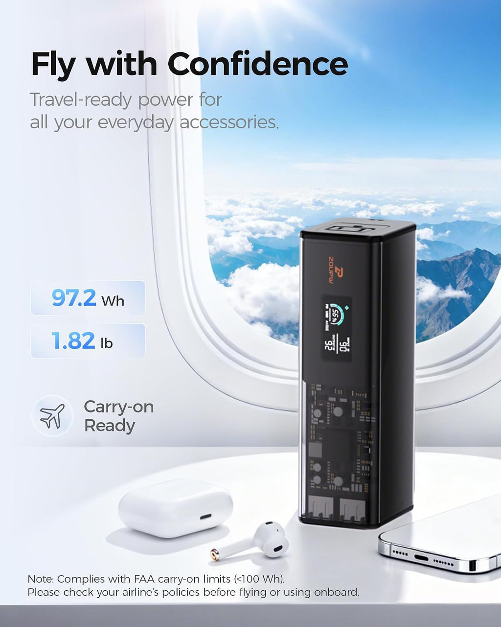 ZOUPW 27000mAh Portable Power Bank with 100W GaN Charger, 100W AC Outlet 140W PD USB-C Fast Charging 160W Total,5-Port Flight Approved 97Wh Battery Pack,Travel Camping Essentials for iPhone MacBook