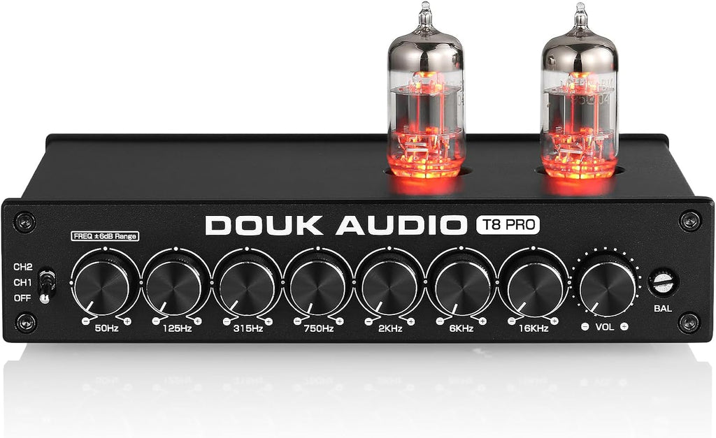 Douk Audio Balanced EQ Preamp: 7-Band Equalizer - Vacuum Tube Preamplifier with XLR RCA Inputs & Outputs - for Home Stereo HiFi System, Amplifiers, Active Speakers (T8 PRO Black)