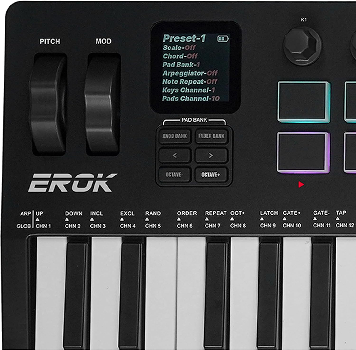 EROK 37 Keys MIDI Keyboard Controller with 3.5mm MIDI Output, 16 Backlit Drum Pads, 8 Knobs, DAW Integration & Arpeggiator, Music Production Equipment and Studio Controller (Black)
