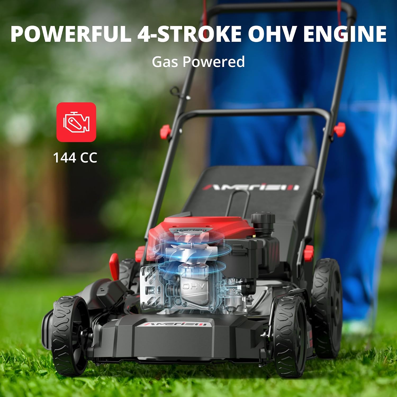 AMERISUN 21' Gas Lawn Mower, 3-in-1 Gas Push Mowers, 144cc 4-Stroke OHV Engine, 6 Height Adjustments 1.4 Bushel Grass Catcher, Lawnmower with Bagging, Mulching & Side Discharge, Efficient Steel Deck