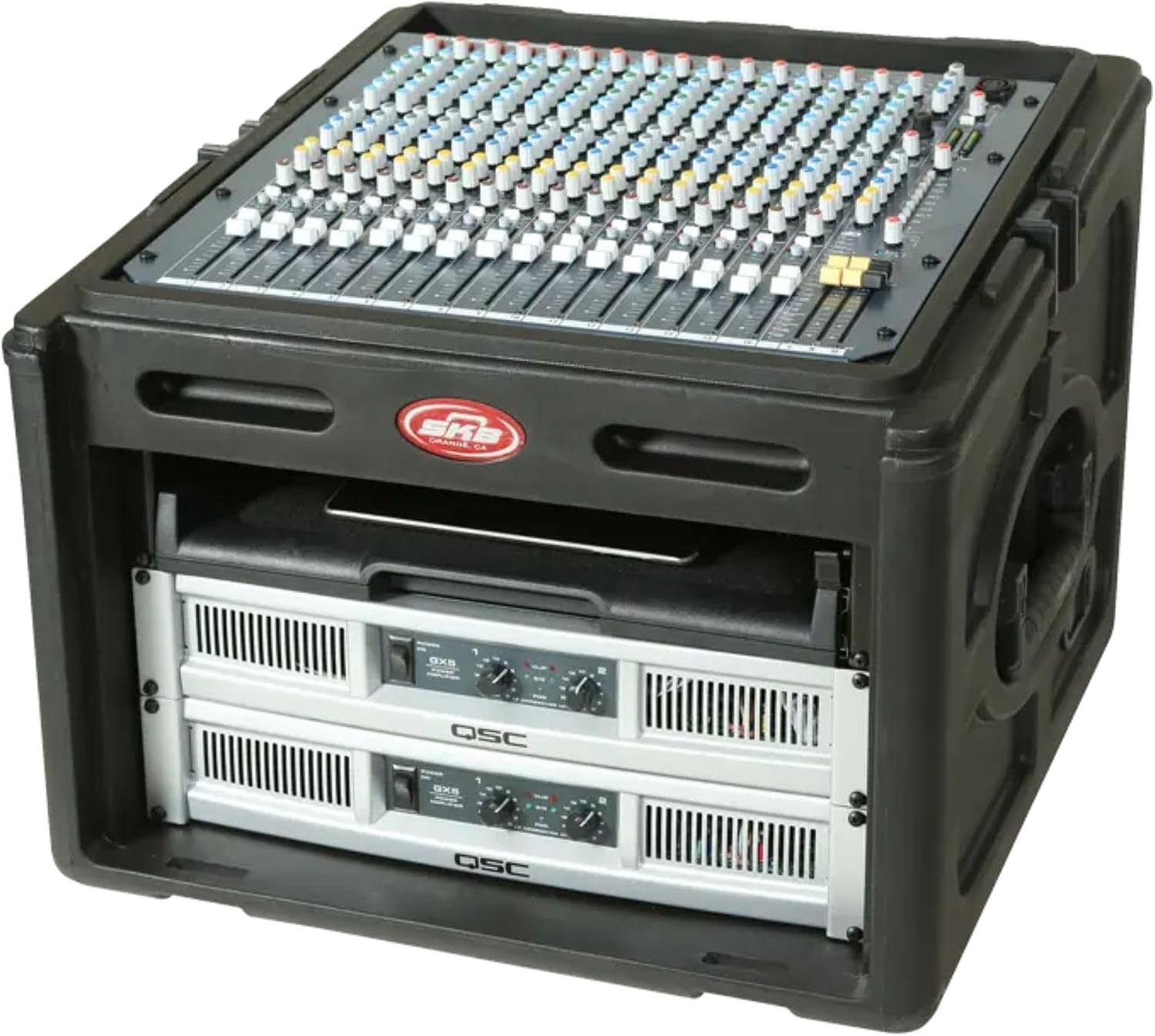 SKB Roto Rack/Mixer Console, 10U Slanted Rackmount on top, 6U Rackmount in Front with Steel Threaded Rails, Hard Lid and Doors and Side Access Ports