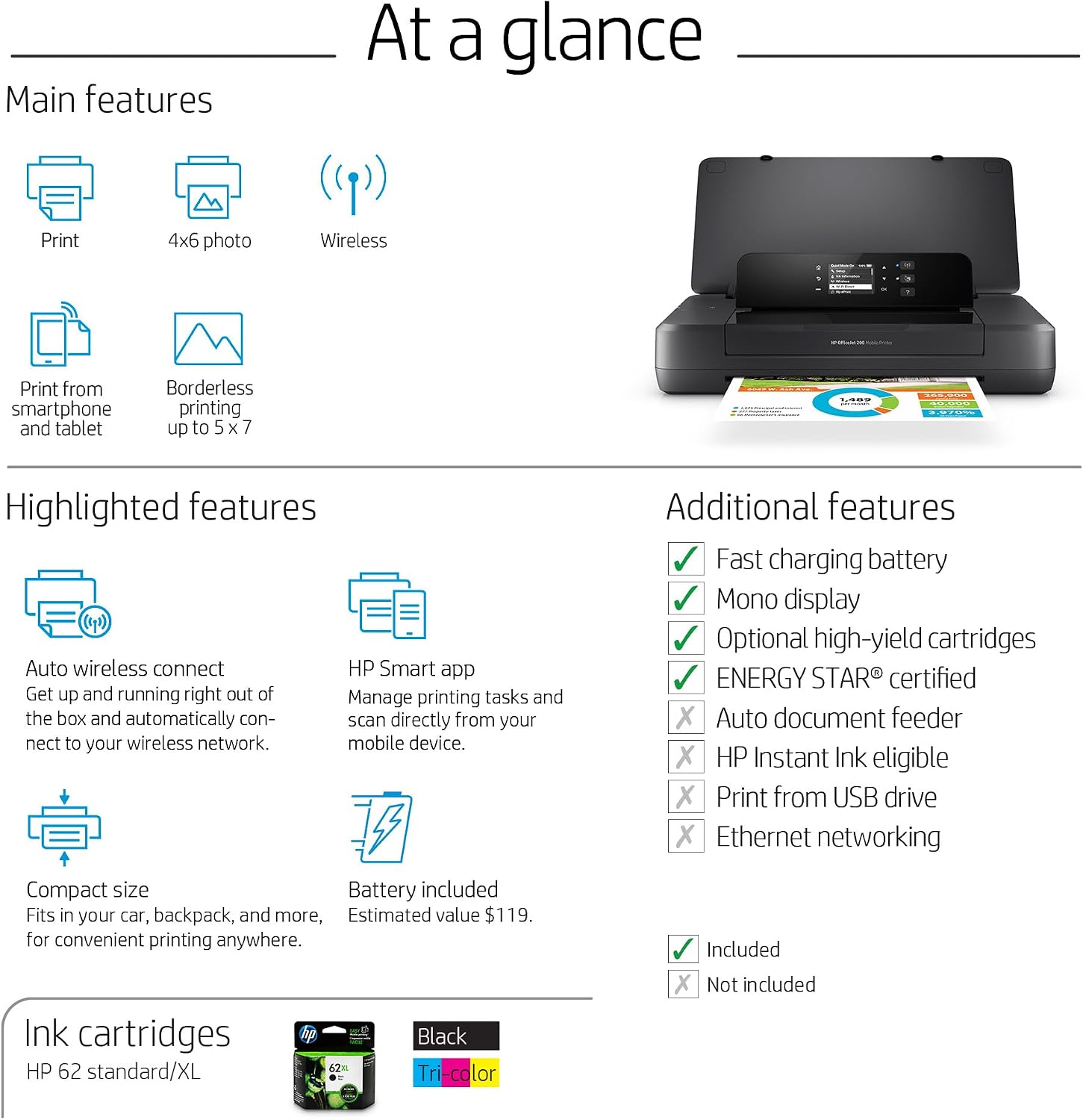 HP OfficeJet 200 Wireless Mobile Printer - Black, Battery Included (CZ993A)