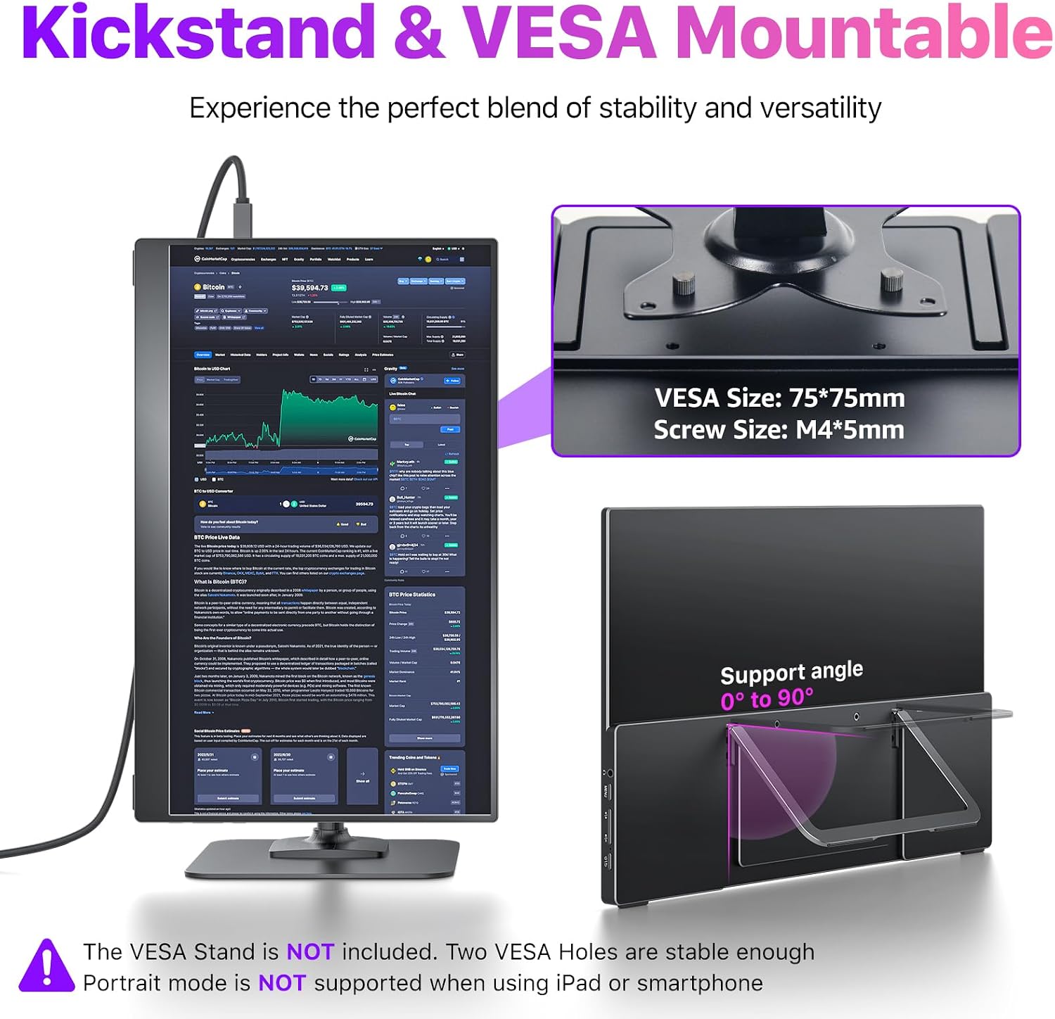 cocopar Portable Monitor 15.6 Inch 4K UHD 60Hz 145% sRGB Travel Monitor with Speaker HDMI USB-C Second Screen for Laptop MacBook Surface PC Xbox PS4/5, VESA Mountable, with Kickstand