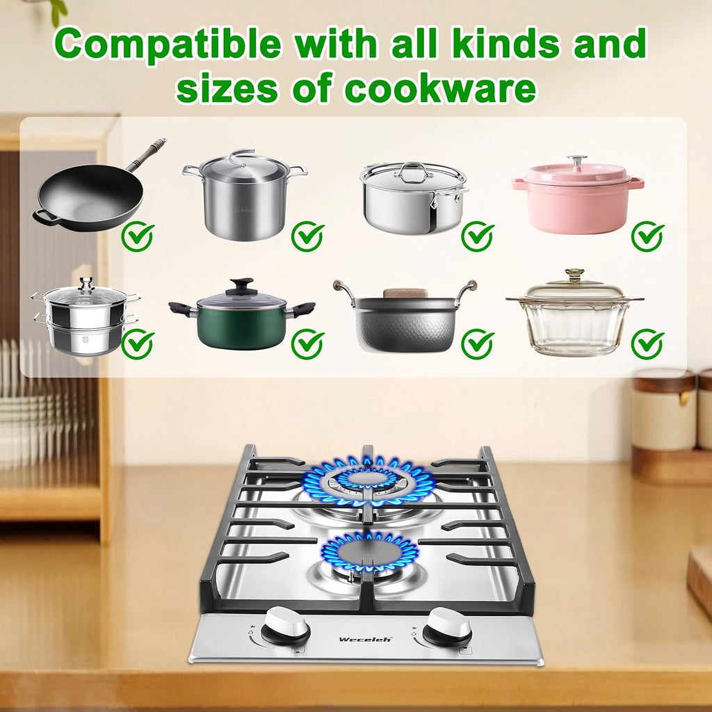 2 Burner Gas Cooktop, 12 Inch Built-in Gas Stove Top, NG/LPG Convertible Stainless Steel Propane Stove, Electronic Auto Ignition & Heavy-Duty Cast Iron Grates for Kitchen, Apartment, RV, Outdoor