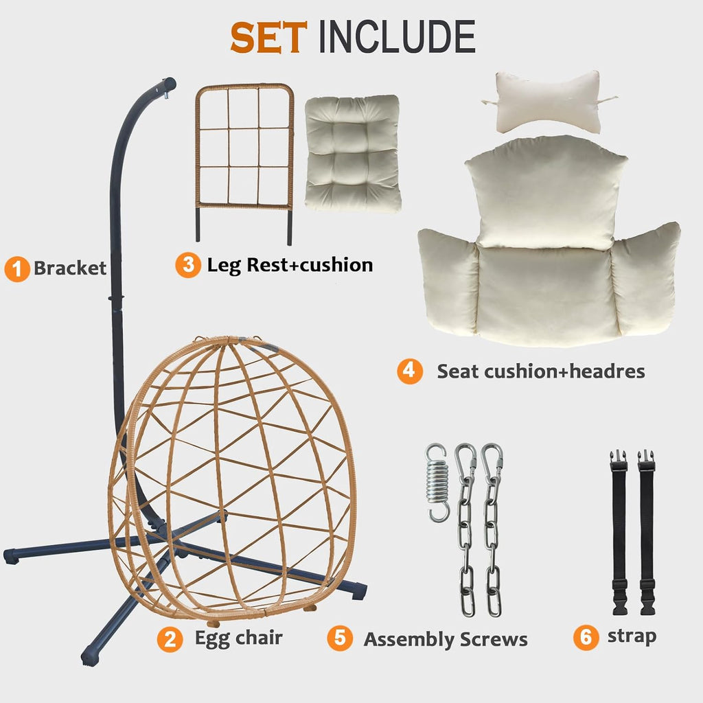 Outdoor Egg Chair with Sturdy Tripod Hammock Leg Rest and Hanging Lounge Chair Swinging Rattan Wicker Swing for Cozy Bedroom Balcony Garden Patio Porch Indoor Use