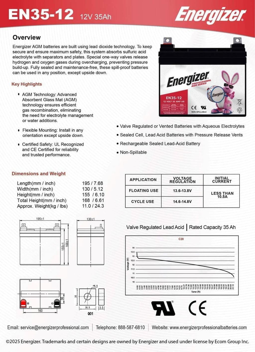 Energizer EN35-12 - 2 PACK - 12 Volt 35 Amp Hr, Long Lasting Sealed Lead Acid AGM Rechargeable Battery Ideal For Use In Wheelchairs, Electric Scooters, Backup Power, and more