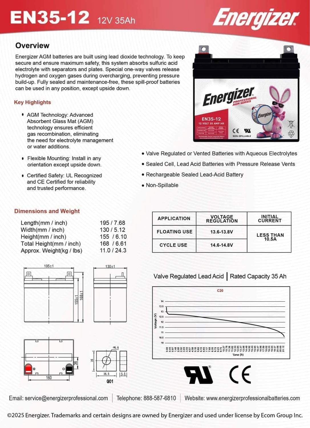 Energizer EN35-12 - 2 PACK - 12 Volt 35 Amp Hr, Long Lasting Sealed Lead Acid AGM Rechargeable Battery Ideal For Use In Wheelchairs, Electric Scooters, Backup Power, and more