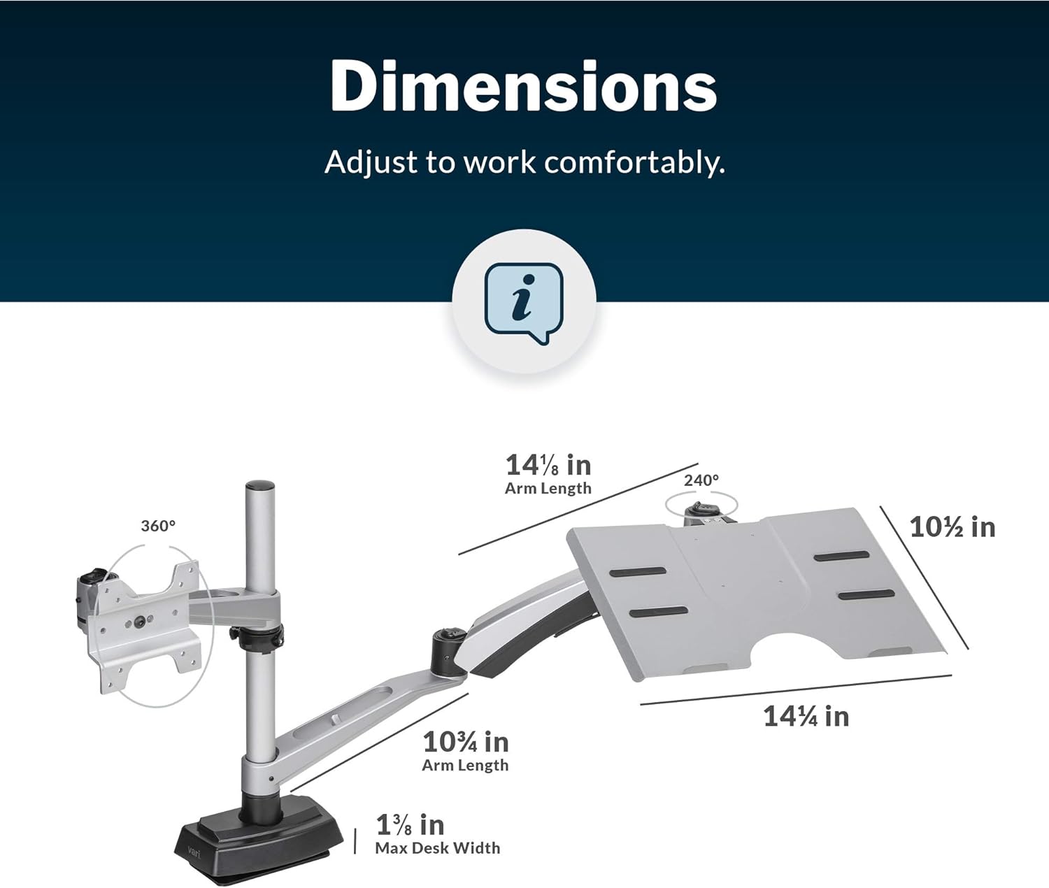 Vari Monitor Arm & Laptop Stand - VESA Compatible Mount with 360 Degree Rotation & 15' Laptop Stand with Adjustable Height, Monitors up to 27 inches, 19.8 lbs Capacity - Single Monitor & Laptop Holder