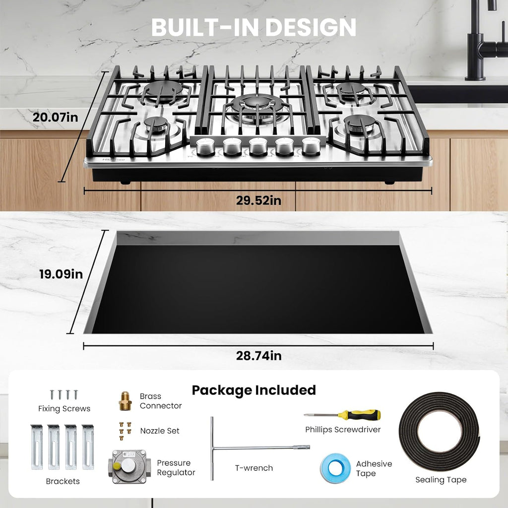 Gas Cooktop 30 inch with 5 Sealed Burners, Built-in Gas Stove Top Stainless Steel Propane Cooktop with Thermocouple Protection, NG/LPG Convertible