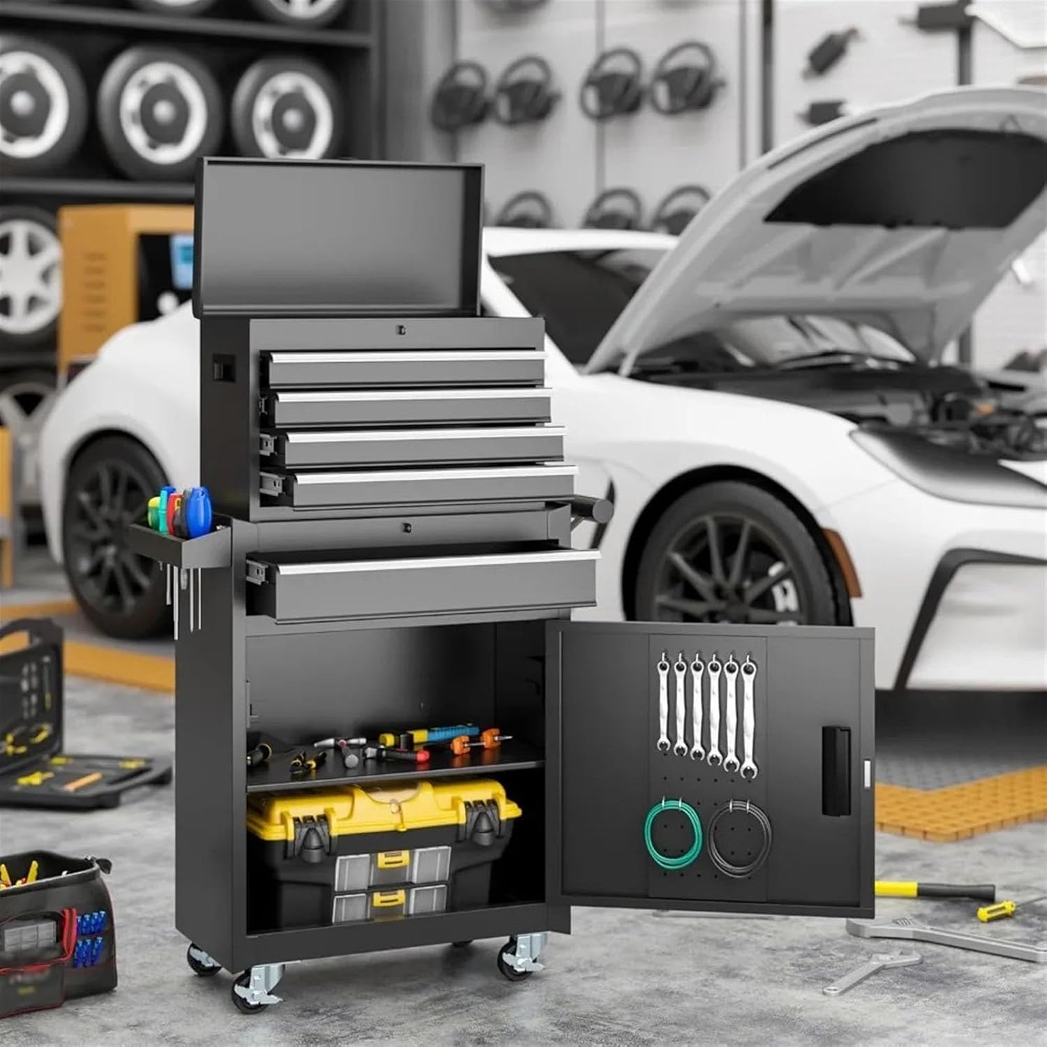 Toolbox Tool Box, 5-Drawer Rolling Tool Cabinets, Detachable Top Toolboxes and Lockable Wheels Tool Cart, Metal Tool Box for Garage Workshop Tool Box